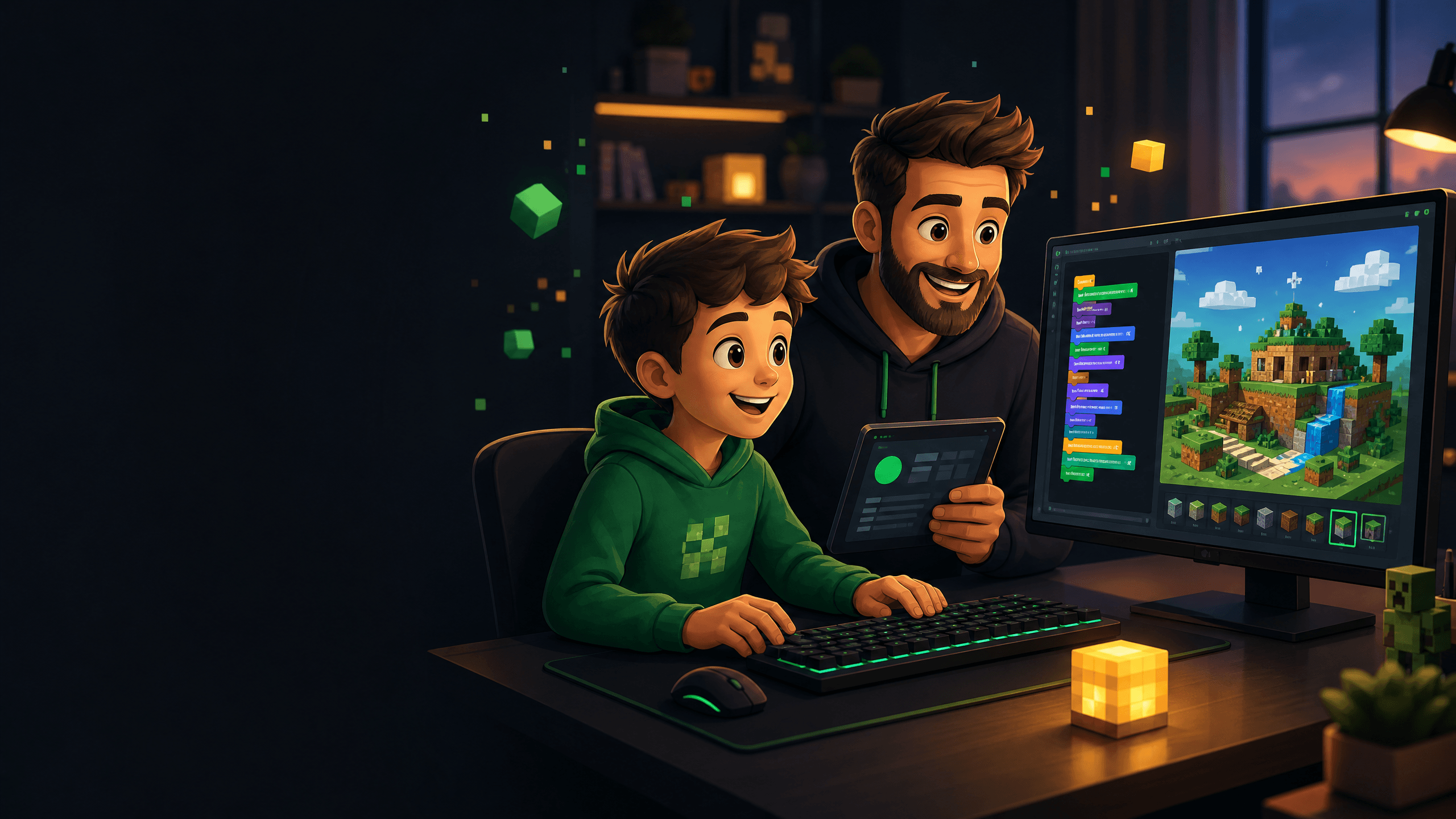 Father and son building a Minecraft-style project together